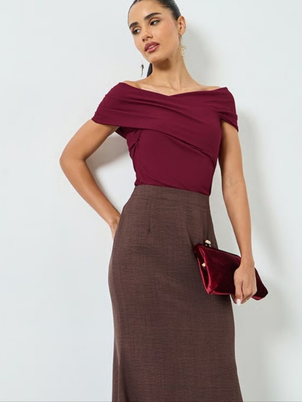 Windor Wrap Off Shoulders Burgundy Ruched Thong Bodysuit Top M